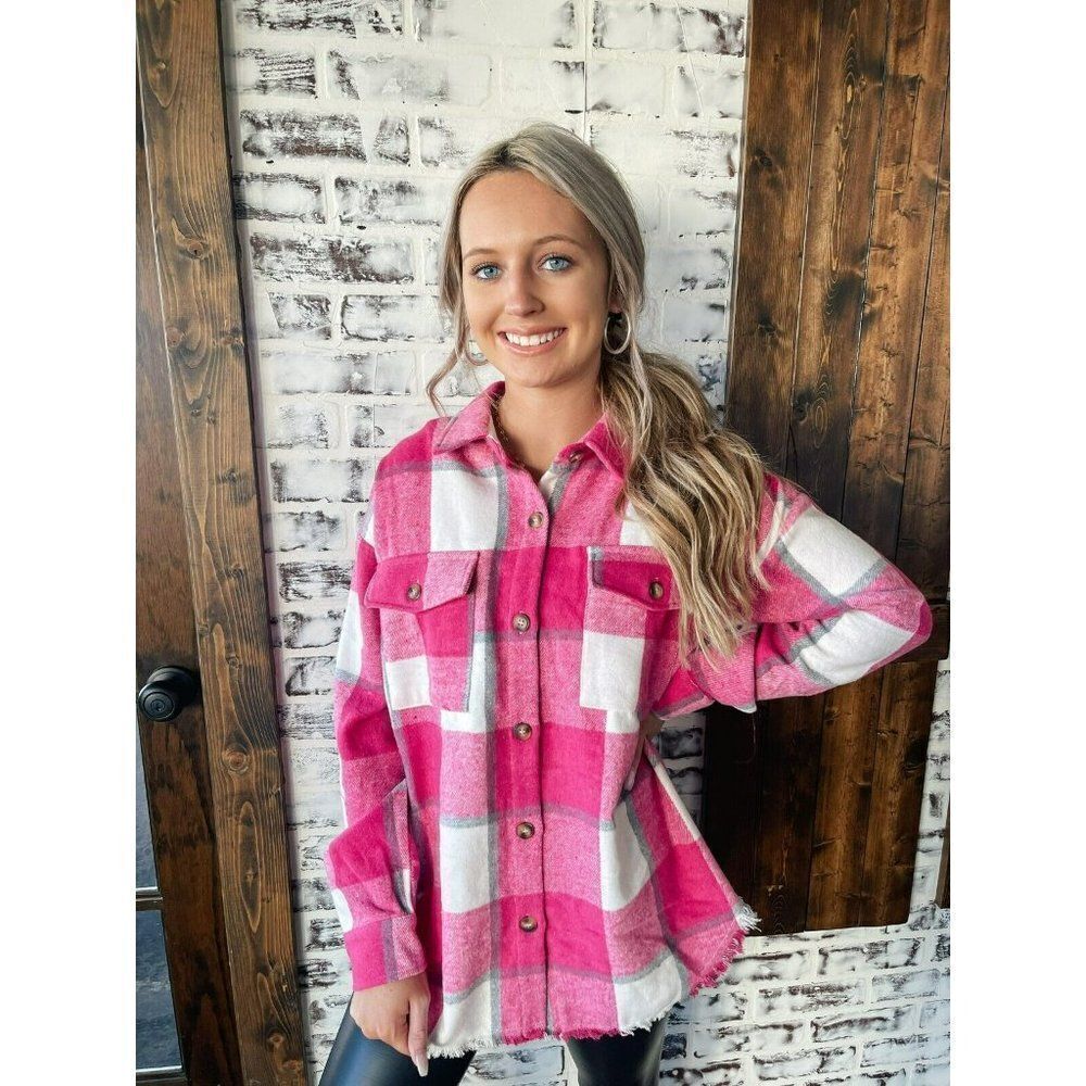 Blue B Hot Pink Frayed Plaid Flannel Shacket Button Up Shirt New S-L 32331J - Picture 7 of 8